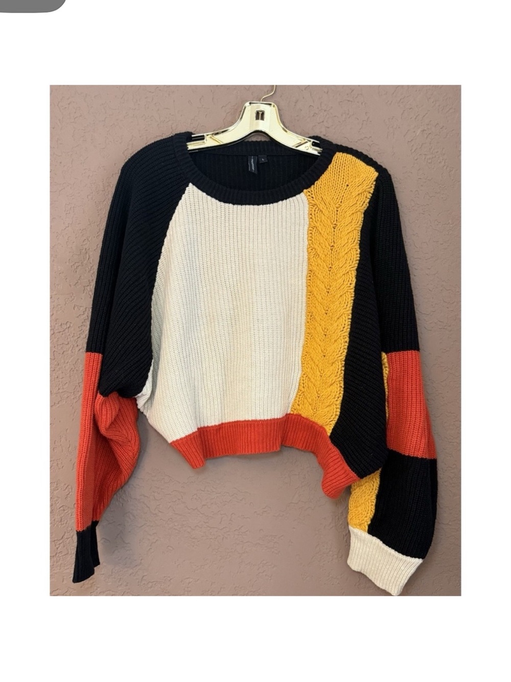 Colorblock Cable Knit Women's Sweater - Black, Cream, Mustard, Rust